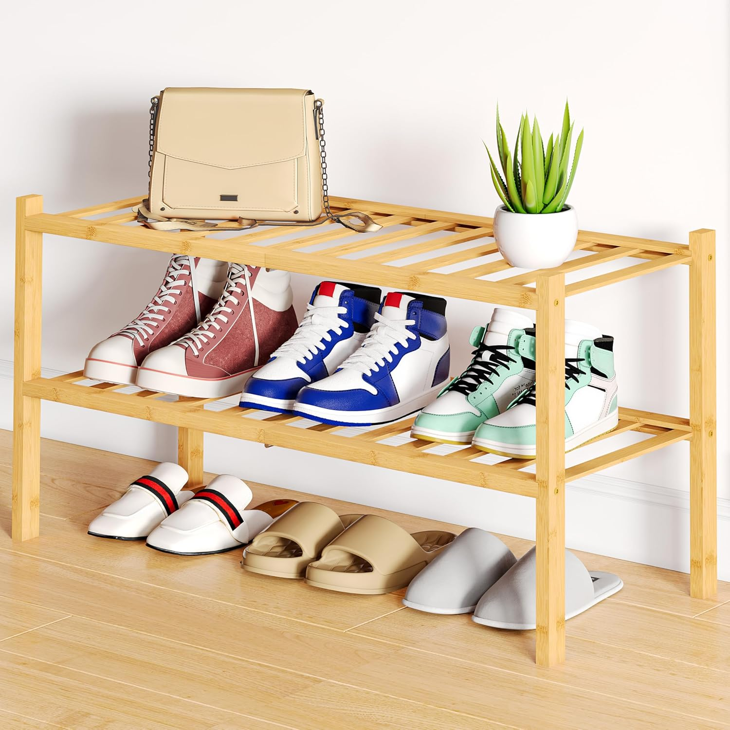2 Tier Stackable Bamboo Shoe Rack Organizer Free Standing Wooden Storage-image