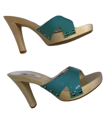 NEW Colin Stuart Leather Sandals Shoes Slip On Clogs Teal Sz 7M Wood Heels Dress