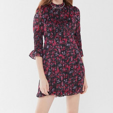 Urban Outfitters Black Pink Blue Floral Ruffle Neck Hem Maisy Metallic Dress S