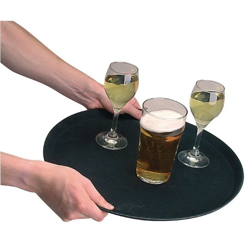 1 x rutschfestes schwarzes Bartablett rund Servierrestaurant Kellner Griff Lauffläche 11" - Bild 1 von 12