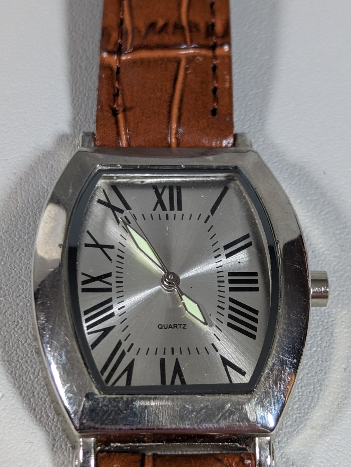 Silver Tone Dial Rectangle Case Brown Leather Ban… - image 1