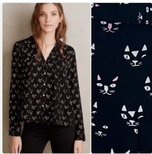 NWT MAEVE Anthropologie Women's Cat Print Blouse Shirt-Sz 0- Black Long Sleeve