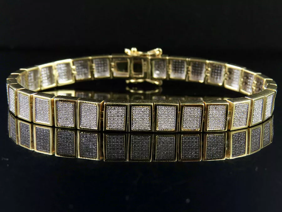 Mens 10K Yellow Gold Genuine Diamond Iced Square Link Bracelet 1.55CT 8MM 8.5