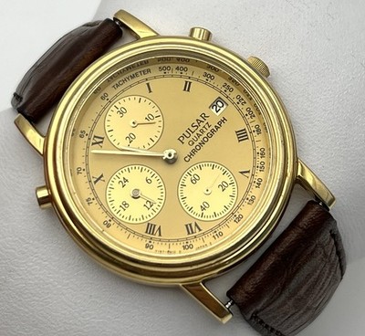 Vintage Pulsar Chronograph Men s Watch 37mm Gold Dial Gold Tone Date Y187-8A10