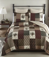 Pine Cone Panels Printed Quilt Set Country Lodge Rustic Cabin Tree Theme New