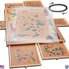 PLAYVIBE 1500-Piece Rotating Puzzle Board 27"x35" with 6-Drawer Storage & Lazy