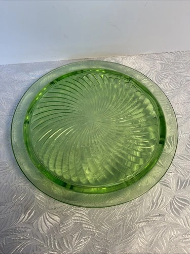 Vintage Depression Glass Green Swirl Footed Cake Plate Stand 10” diameter.