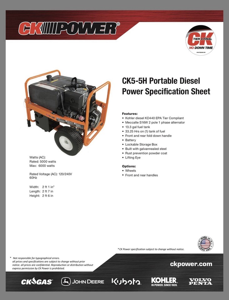 CK Power CK5-5H Portable Diesel Generator KD440 Kohler Engine 5000W 120 ...