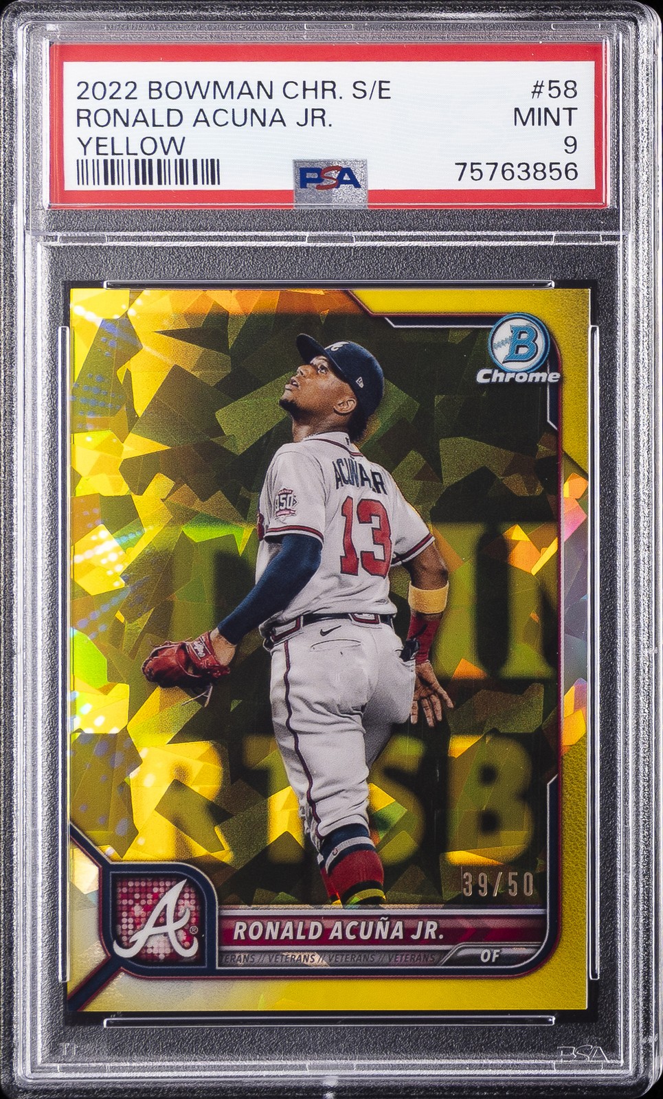 2022 BOWMAN CHROME SAPPHIRE ED YELLOW #58 RONALD ACUNA JR. 39/50 PSA 9