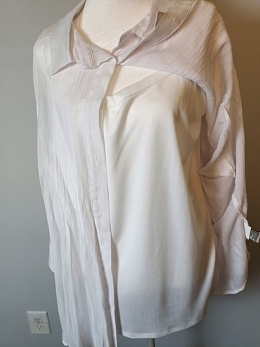 Fever Damen 2XL weiße 2 in 1 Bluse Knopfleiste Biesen LS mit weißem Tankfutter - Bild 4 von 8