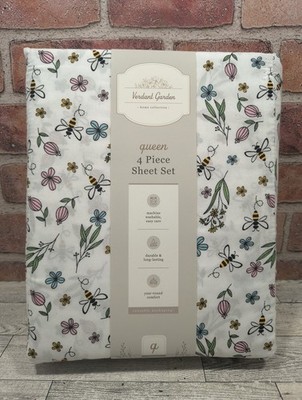 Verdant Garden Queen Size 4 Piece Sheet Set Honey Bee Floral Spring White New 