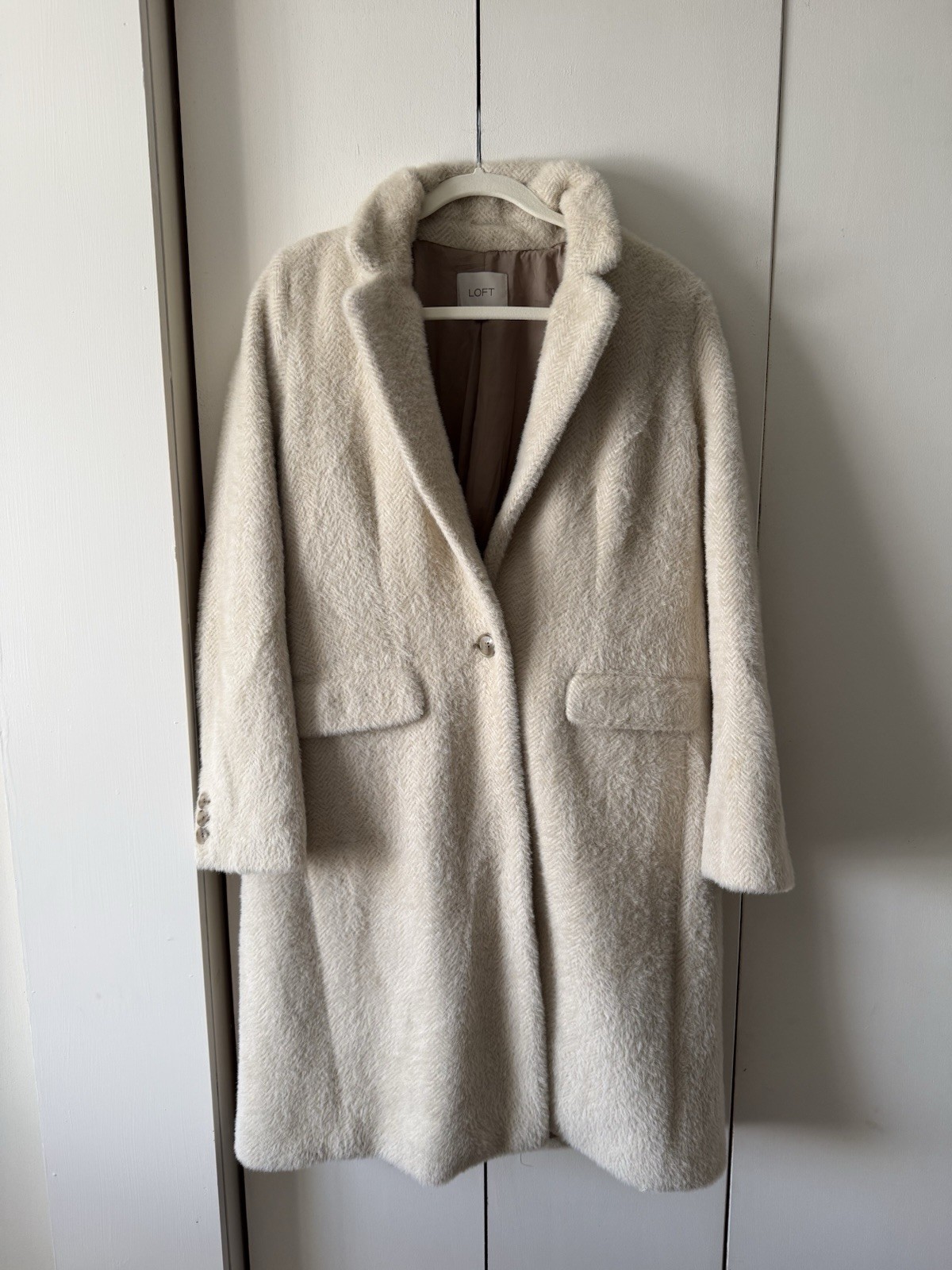 LOFT Ivory Herringbone Button Collared Lined Over… - image 1