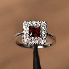 925 Sterling Silver Red Garnet Gemstone Halo Dainty Women Ring Duty Free