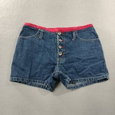 Vtg No Excuses Mid Rise Button Fly Blue Red Denim Jean Shorts Womens Size 7/8