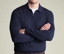 Charles Tyrwhitt Men navy  100% Merino half Zip knitted Polo  Size large New