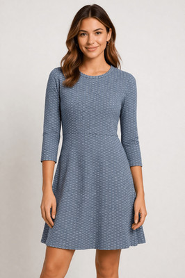 Tory Burch Blue White Knit Dress XL A-Line Stretch 3/4 Sleeve