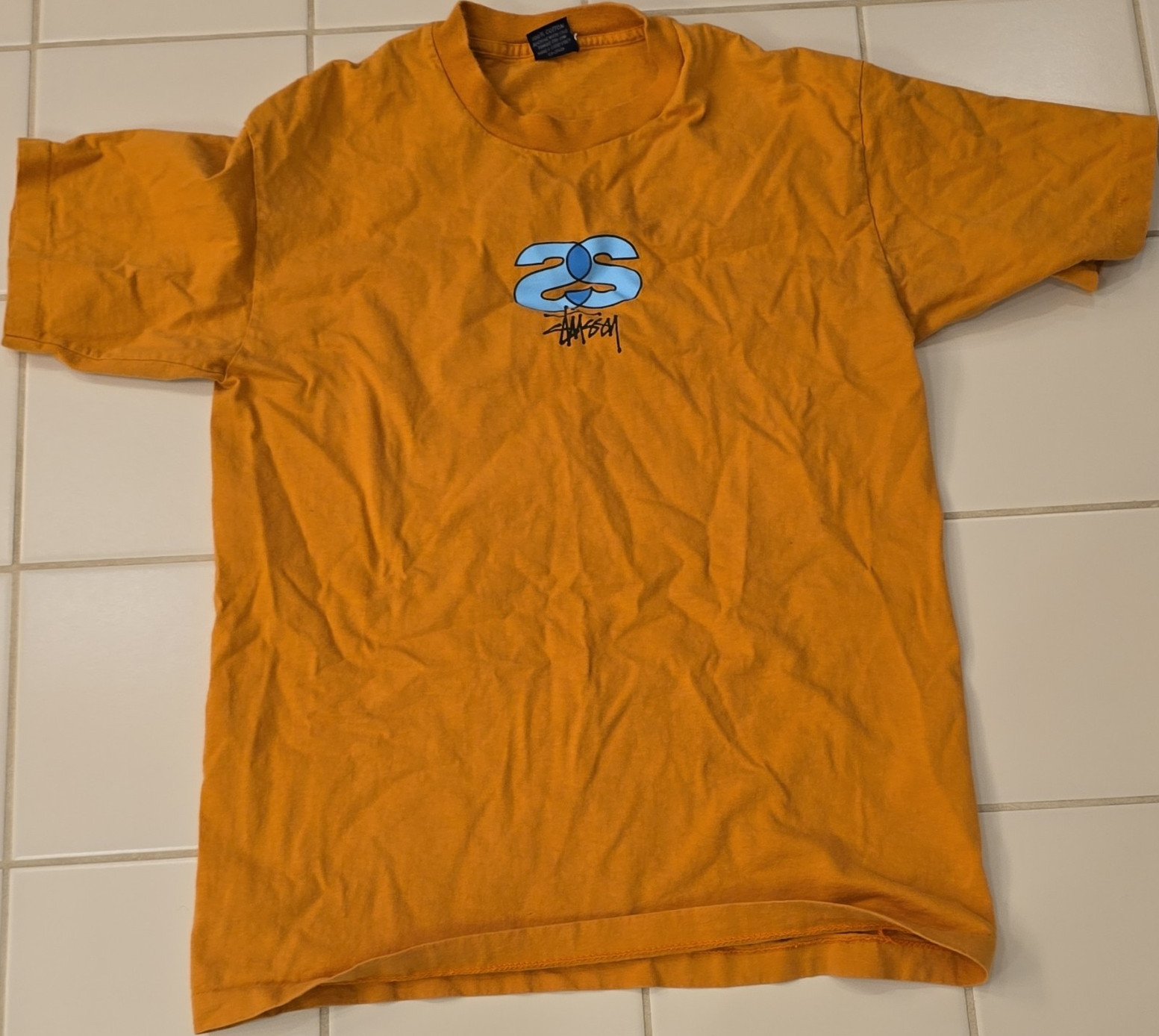 Rare VTG Stussy Graphic Logo Orange Crew Neck Cotton Men's T-Shirt L