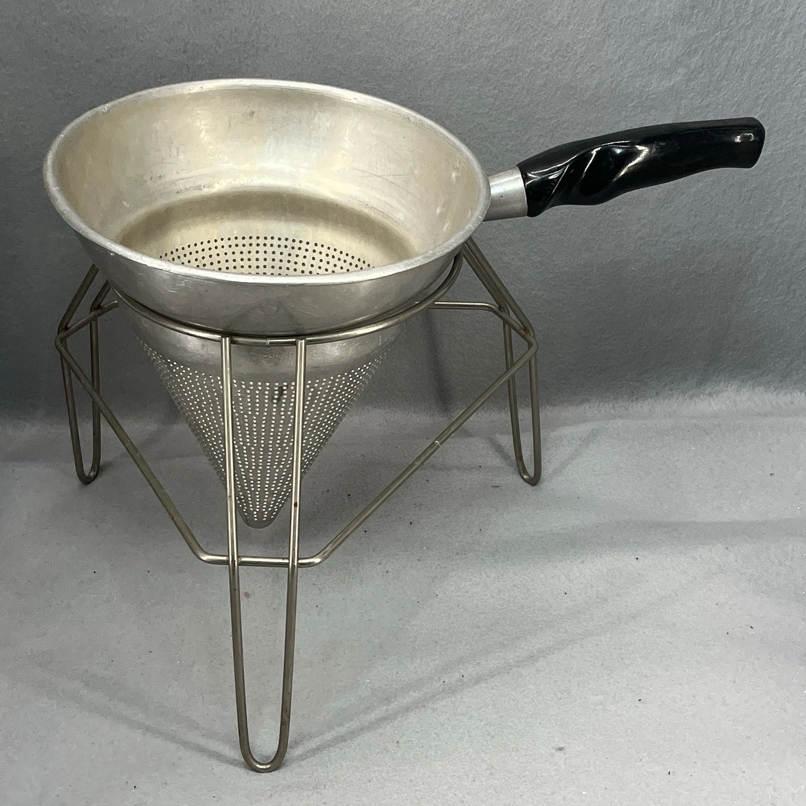 Vintage Sieve Aluminum Cone Colander Black Handle Stand Canning Primitive Farm