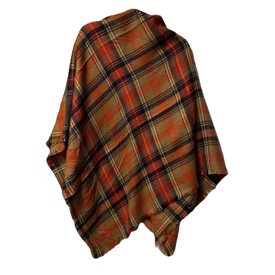 Bufanda manta a cuadros en color tostado, naranja y azul marino | Envoltura cuadrada de gran tamaño Foto 4 de 4