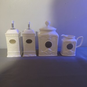 THL 4-Piece French Farmhouse White Ceramic Tea, Milk, Oil Vinegar Set