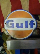 VINTAGE GULF OIL PORCELAIN METAL SIGN GAS SERVICE STATION PETROLIANA ADVERTISING