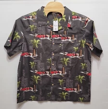 Barefoot in Paradise Palm Trees Surfing Button Down Hawaiian Shirt Men’s Large