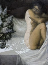 FEMALE Nude Oil Painting ORIGINAL Woman Figure in Bed Moon Lilac Impressionist