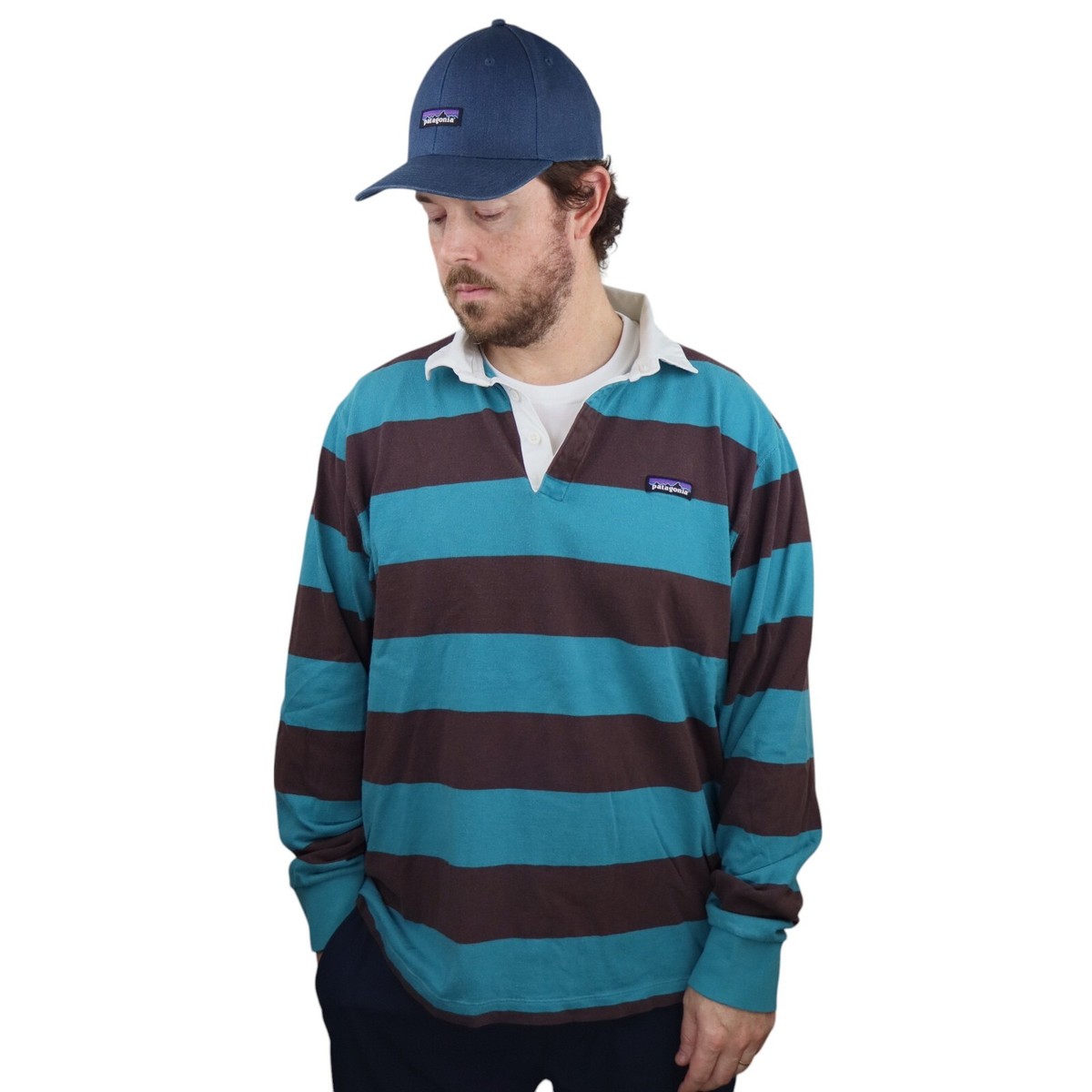 Vtg Patagonia Sender Rugby Striped Climbing Long Sleeve Polo Shirt Mens XL  2XL