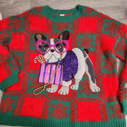 Holiday Time Red Sweater Size M French Bulldog Checkered Snowflakes Oversized - Picture 11 of 12