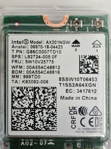 Intel AX201NGW 01AX798 802.11ax NGFF M.2 Wi-Fi 6 Bluetooth 5.2 Card - Afbeelding 1 van 4