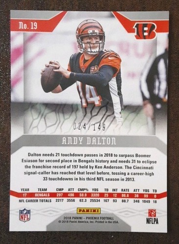 ANDY DALTON 2018 Panini Phoenix #19 Purple SP /149 Bengals. C2A - Picture 2 of 3