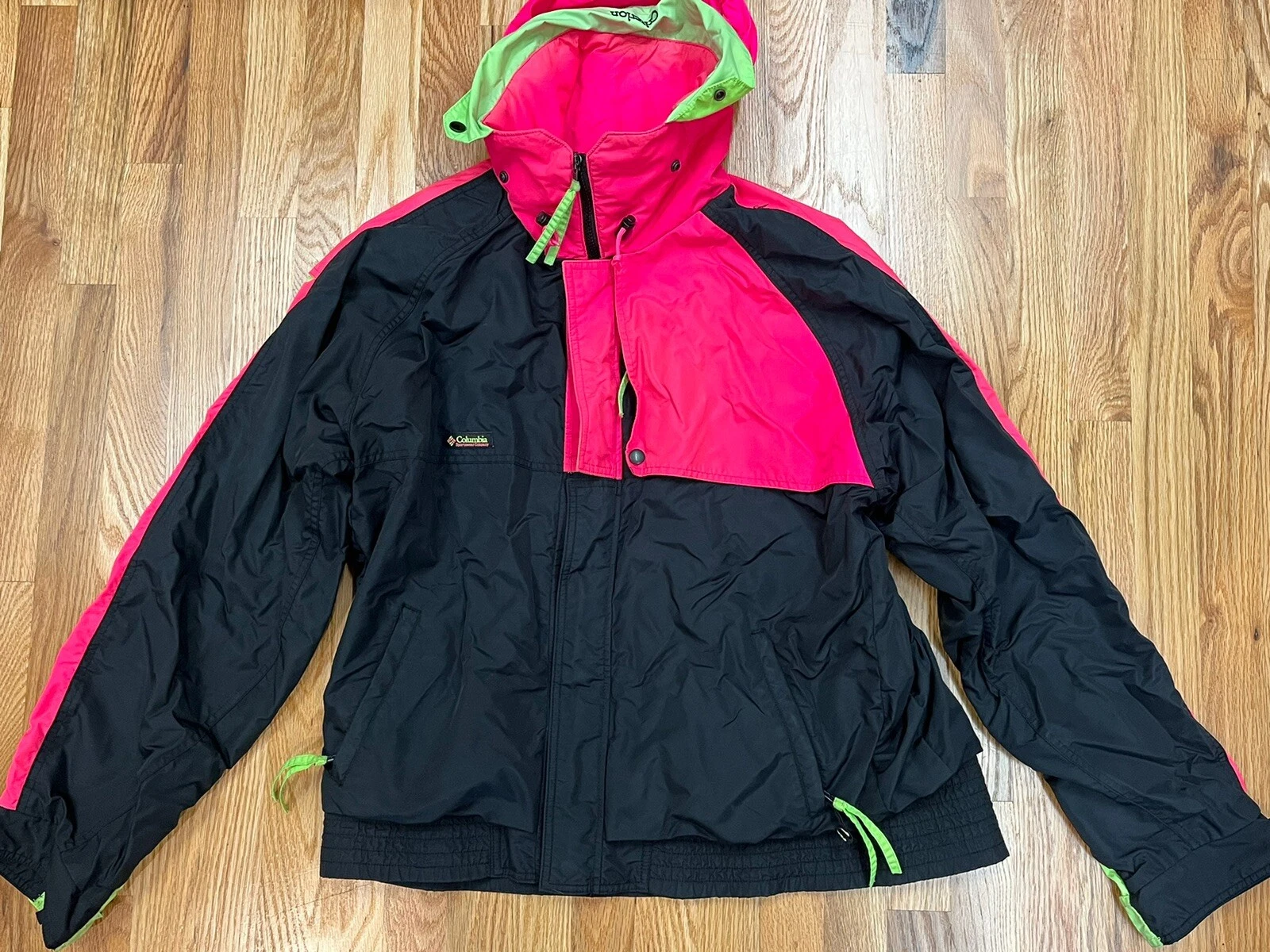 Columbia Criterion Ski Snow XL Black Neon Pink/Green Jacket Hooded Coat VTG 90s