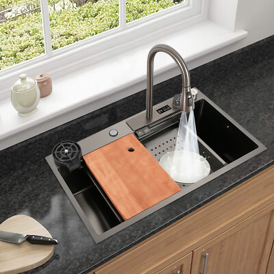 Küchenspüle Wasserfallspüle mit versenkbarem Wasserhahn Edelstahl SpülbeckenSet