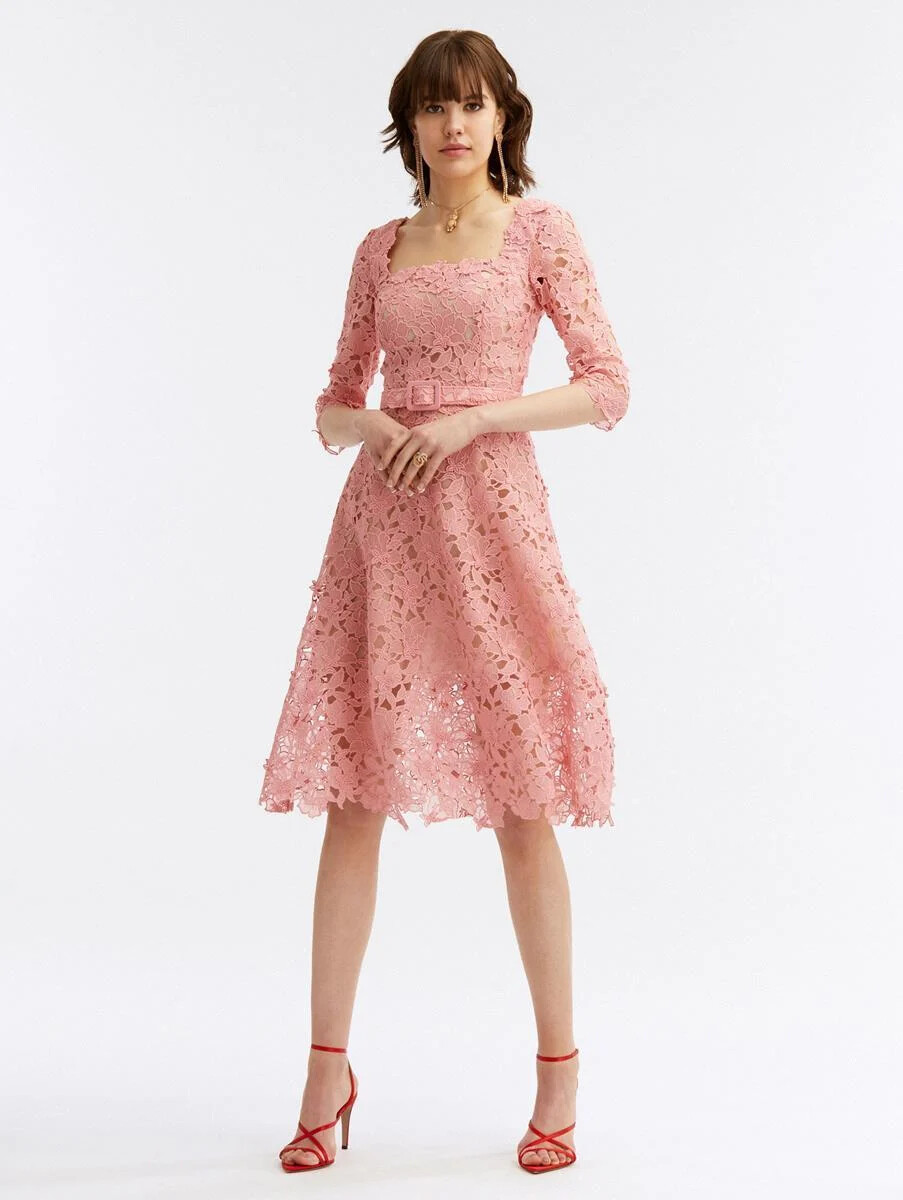 $3490 NEW Oscar de la Renta FLORAL GUIPURE LACE ORGANZA MIDI DRESS Pink 3D  0 2 | eBay