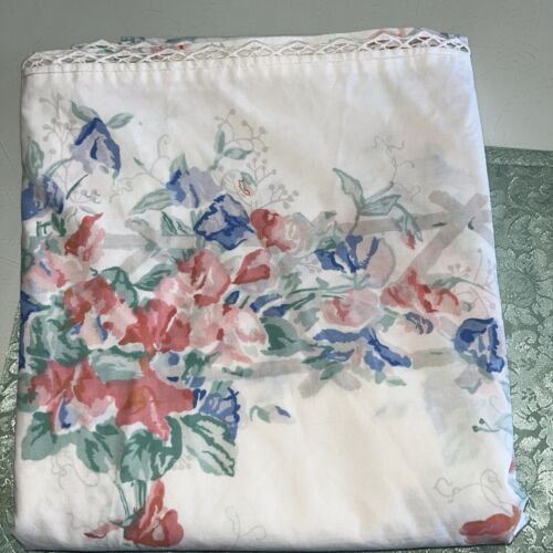 Laura Ashley Full Size Flat Sheet Pink  Blue Green Floral Lace Edge - Picture 1 of 6