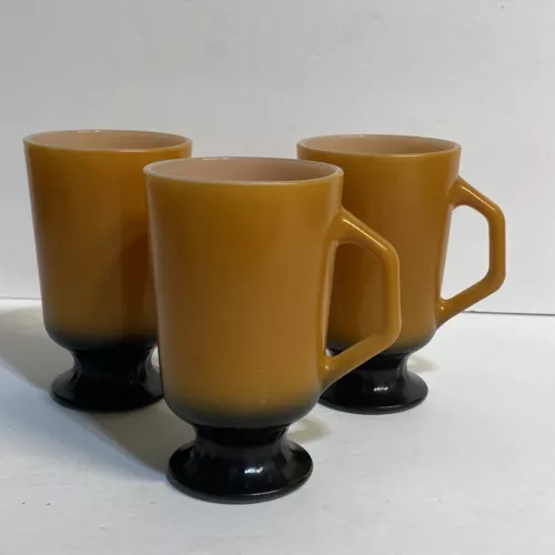 Vintage Fire King Anchor Hocking Orange Black Footed 5" Coffee Tea Mug Set Of 3