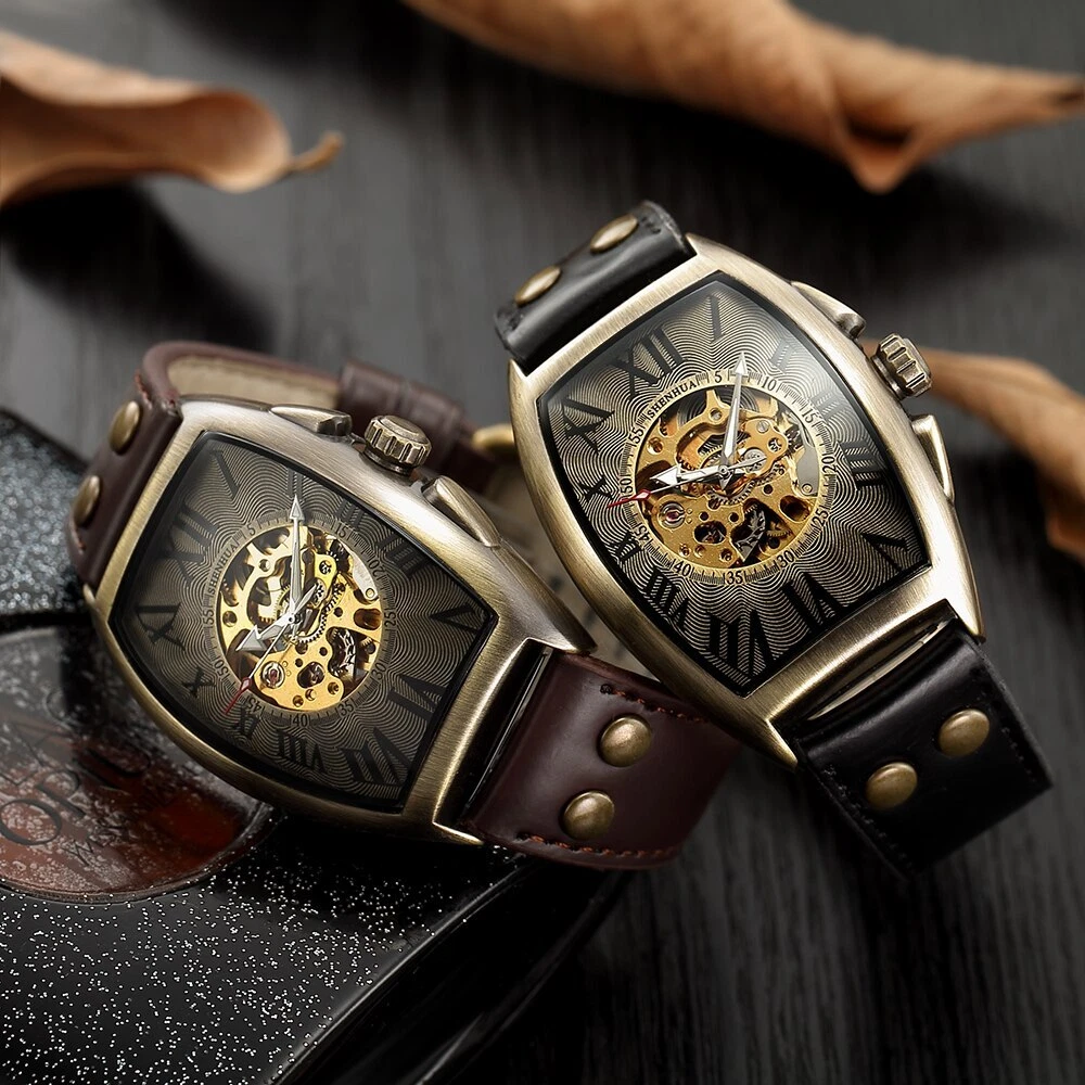 Men Automatic Mechanical Watch Transparent Skeleton Dial Watches Genuine Leather