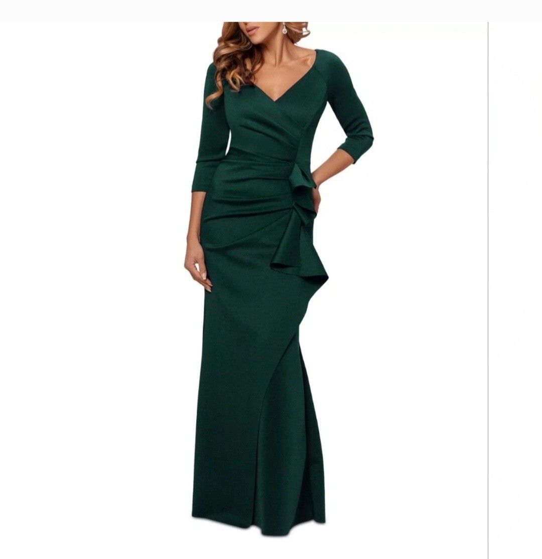 xscape pleated dress Xscape Women's Long Sleeve Satin Gown, Sage, 10