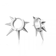 316L Stainless Steel Multi Spike Lined Hoop Earrings, Sold as a Pair Silver Ton