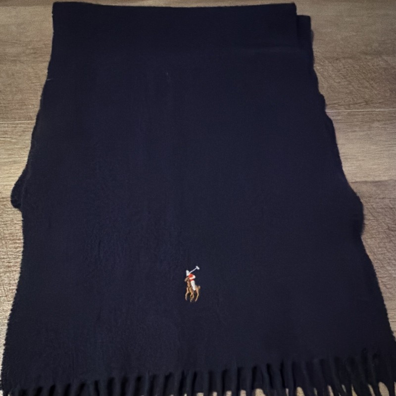 Polo Ralph Lauren Men's Black 100% Lambswool Fringe Polo Pony Logo Scarf