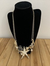 Necklace 12  Starfish Pendant SeaShell Goldtone Dbl Chain Charms Pearl