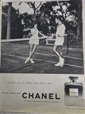 1958 Chanel No. 5 Perfume man woman playing tennis Vintage Ad