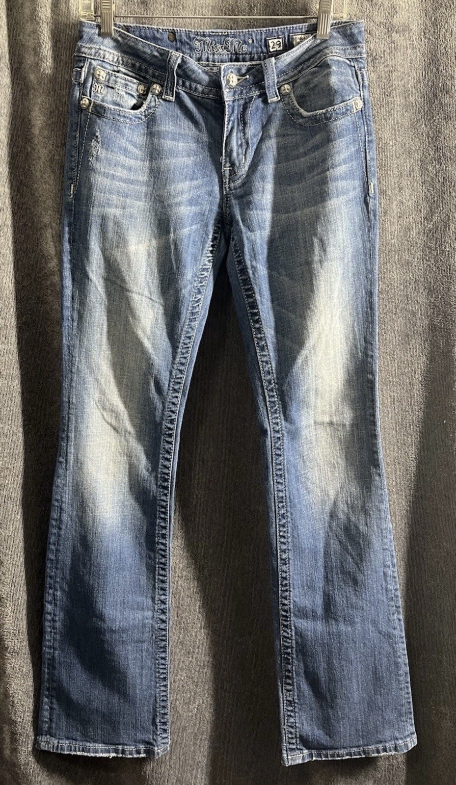 Miss Me Jeans size 29 x 34 Boot Cut Rhinestone Embellished Western Thick Stitch