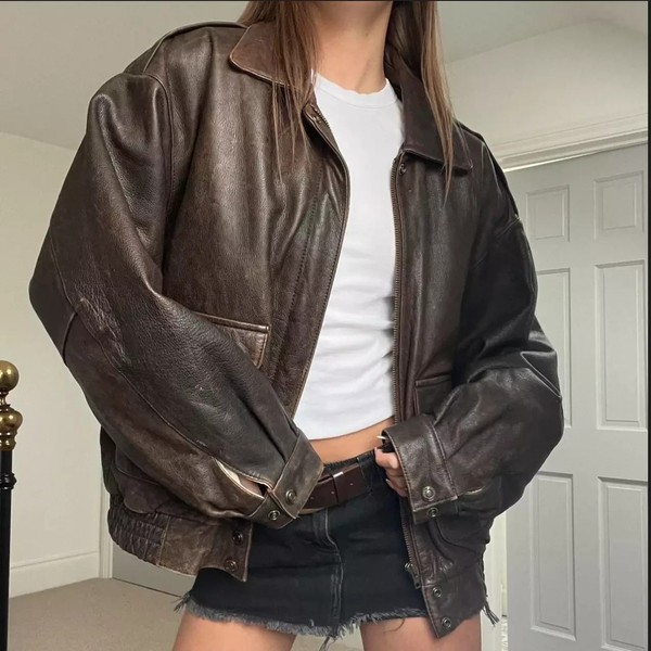 Oversized Brown Leather Jacket 90s Women Genuine Leather Bomber Oversize Jacket