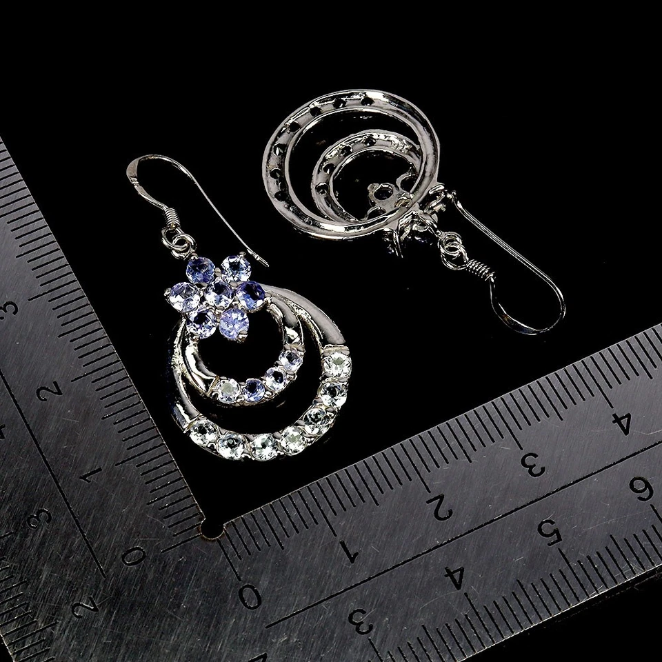 925 Orecchini Argento Sterling Rotondo Tanzanite Acquamarina Natural Gemma Gioie - Immagine 3 di 4
