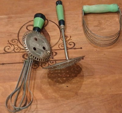 Vintage Manual 3-Piece Kitchen Utensil Set Egg Beater Masher Dough Blender