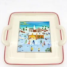 Villeroy & Boch Naif Christmas 8″ Square Porcelain Handled Cake Plate Red Trim