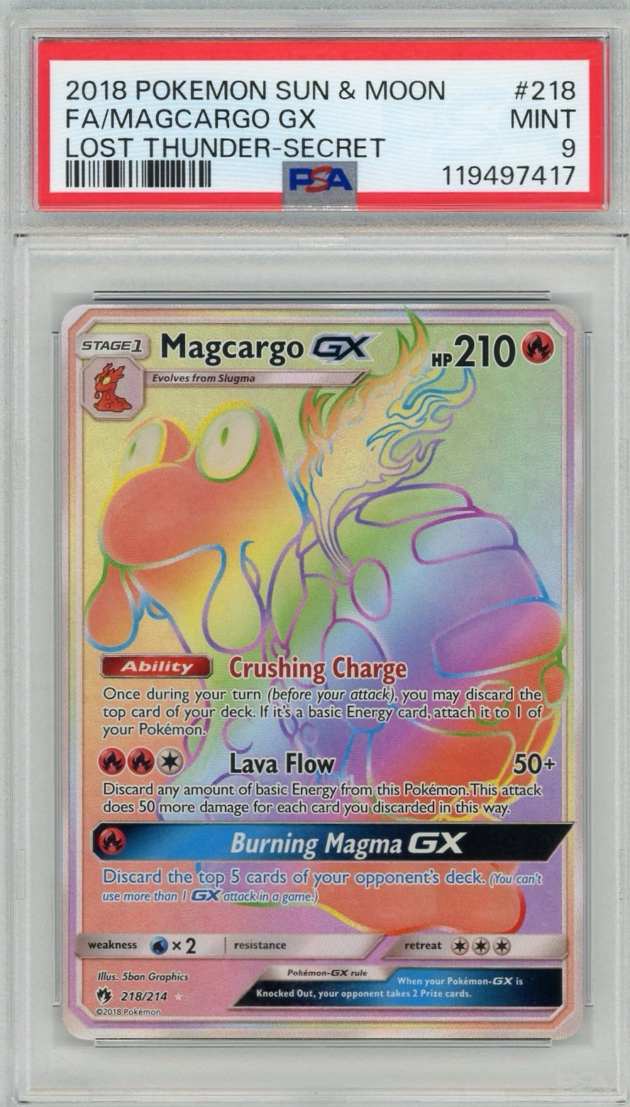 2018 Pokemon Sun & Moon Lost Thunder Magcargo GX Secret Rare #218 PSA 9 Mint