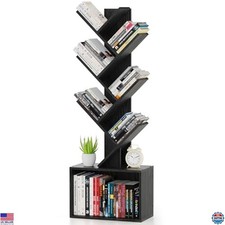 6-Tier Black Wood Tree Bookshelf - Durable Floor-Standing Bookcase  Storage