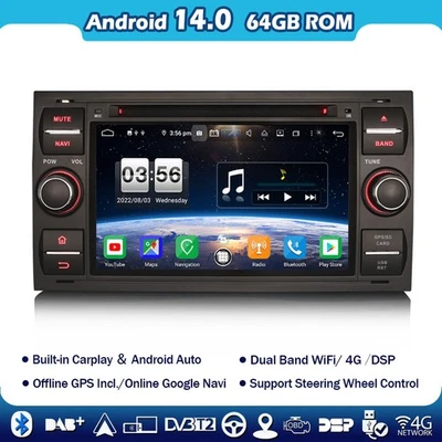Android 14 Autoradio für Ford Focus C-Max Fiesta Mk6 Transit GPS Navi CarPlay CD - Bild 1 von 4